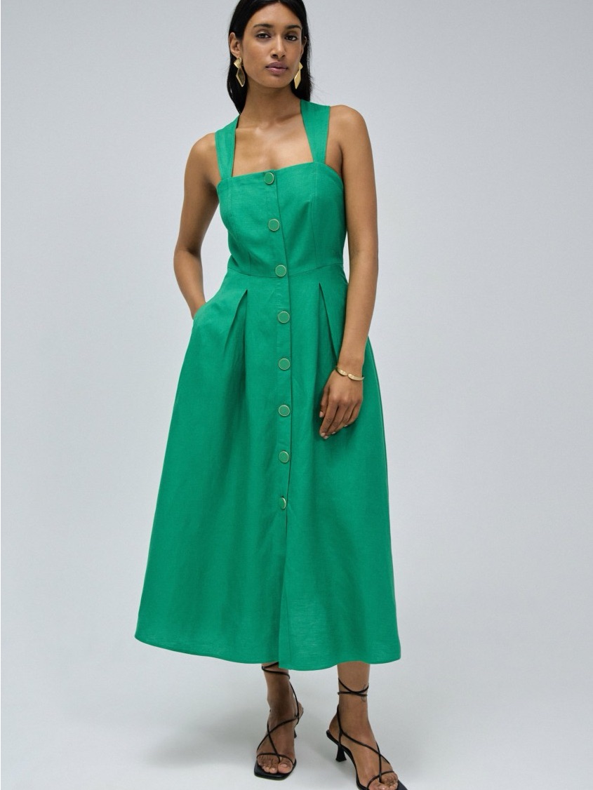 Emerald Square-Neck Button-Front Midi Dress